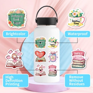 Macro view of waterproof reading stickers with floral patterns on a white water bottle
