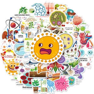 50pcs waterproof science biology stickers featuring cell structures and life cycles