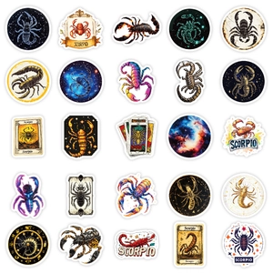 Macro display of 25 unique Scorpio constellation waterproof PVC stickers in various artistic styles