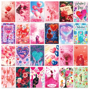 Collection of 50 pink Valentine's Day themed decorative cards featuring hearts and roses