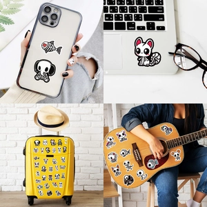 DIY cartoon skeleton stickers shown on laptop, phone case, luggage and guitar