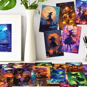 Set di cartoline di Halloween con strega e zucca mostrate in un ambiente creativo d'arte