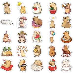 Vue à plat de 25 autocollants de capybara mignons pour décorer ordinateur et valise