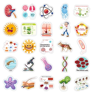 Macro view of 25 assorted science educational stickers showing biology anatomy and cell structures