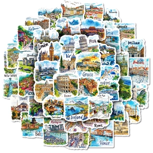 Handgezeichnete Aquarell-Reisesticker mit Welt-Wahrzeichen und bekannten Stadtplänen