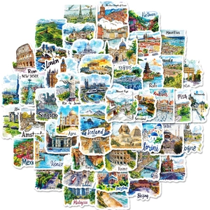 50 Handgezeichnete Aquarell Reiseaufkleber mit Sehenswürdigkeiten und berühmten Monumenten