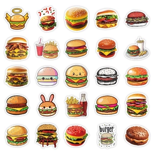 Vue détaillée de 25 autocollants de burgers et fast-food imperméables aux designs variés