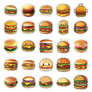 Grille de 25 autocollants de burgers variés pour décoration de laptops et guitares
