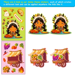 Set of 6 Thanksgiving DIY stickers featuring turkey, pumpkin and harvest cartoons