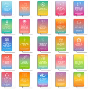 Set de 25 tarjetas de afirmación coloridas con degradados, citas e iconos minimalistas