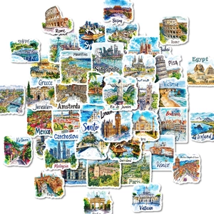 50 handgezeichnete Reisekarten-Sticker mit globalen Sehenswürdigkeiten wie dem Eiffelturm