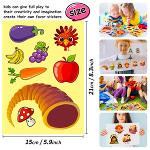Educational Thanksgiving puzzle stickers for kids featuring DIY turkey and harvest fruit designs