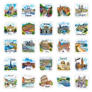 Detailansicht von 25 handgezeichneten Aquarell-Reisestickern mit berühmten Weltwahrzeichen