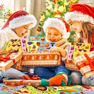 Kids playing with Thanksgiving turkey DIY stickers set near a cozy holiday scene