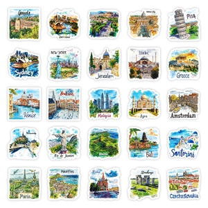 Flachbild von 25 Aquarell-Reiseaufklebern mit ikonischen globalen Sehenswürdigkeiten Motiven