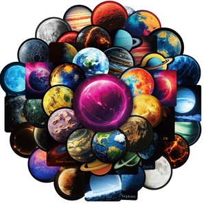 Set of 50 colorful solar system planet stickers for DIY journals and laptop decor