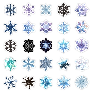 Macro view of 25 unique snowflake stickers with watercolor and geometric designs
