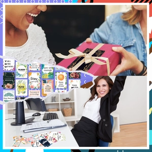 Collage showing inspirational floral cards in a gift box and on a desk workspace