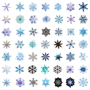 Detailed macro view of 50 varied snowflake pattern stickers for festive winter decoration