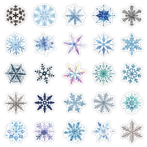 Detailed grid of 25 unique Christmas snowflake stickers in blue and purple tones