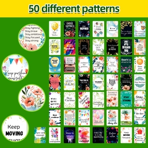 Detail of 50 inspirational greeting cards with diverse floral patterns and English quotes
