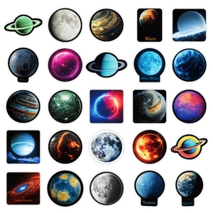 Grid layout showing 25 unique colorful planet and galaxy themed decorative stickers