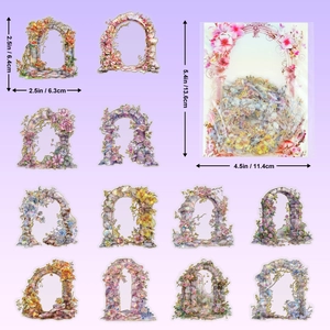 Detail van 10 bloemenboog PET-stickers met goudfolie en afmetingen in cm en inches