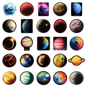 Detailed matrix layout of 25 colorful planet stickers with solar system designs