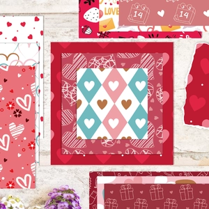 Collage van Valentijnsdag plakboekpapier met rode harten en feestelijke patronen