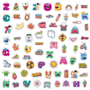 Vista plana de 100 lindos adhesivos de dibujos animados con monstruos, letras y animales