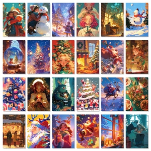 Set of 50 colorful Christmas aesthetic wall decor cards with cartoon holiday illustrations