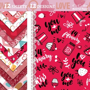 Details van 12 vellen plakboekpapier met hartmotieven voor Valentijnsdag knutselwerkjes en DIY
