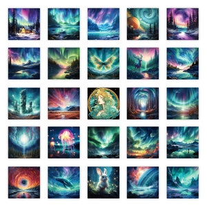 Detailed grid of 25 creative aurora unicorn stickers featuring mystical fantasy landscapes