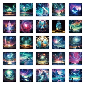 Detailed grid of 25 creative aurora unicorn stickers with galaxy and nature art themes