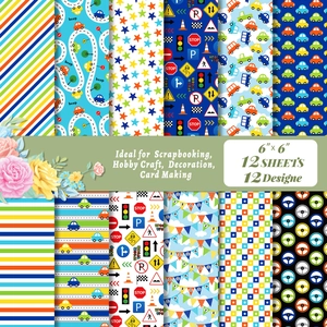 Set di 12 fogli di carta per scrapbooking 6x6 pollici tema auto per lavoretti fai da te