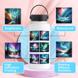 Waterproof fantasy landscape stickers with aurora themes on a matte white thermos bottle