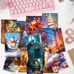 Detailed arrangement of colorful Christmas aesthetic art cards on a cozy workspace setup