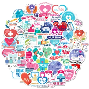 Set of 50 cartoon nurse stickers with hearts and medical icons on white background