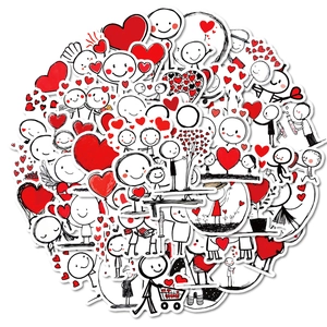 Set of 50 cute matchstick figure stickers with red hearts for phone case decoration