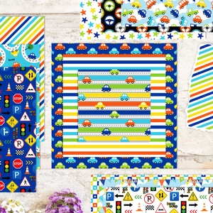 Dettaglio del set da 12 fogli di carta per scrapbooking a tema auto e traffico blu