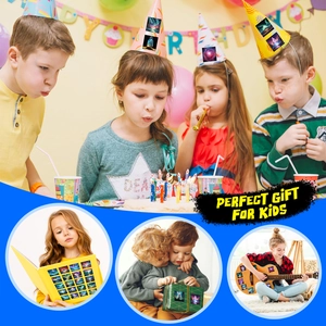 DIY decorative stickers applied to birthday hats, notebooks, gift boxes, and guitars