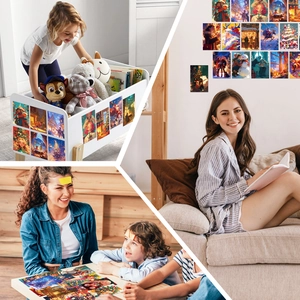 Christmas aesthetic collage cards displayed in cozy home lifestyle and family puzzle scenes