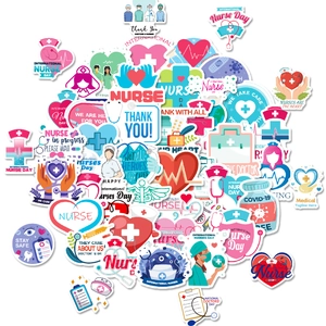 Set of 50 cartoon nurse day stickers with colorful medical stethoscopes and hearts