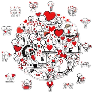 50pcs cute cartoon stickman stickers with red hearts for waterproof phone case decor