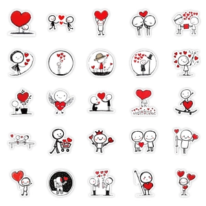 Detailed grid of cute hand-drawn cartoon stickers with red hearts and black line figures