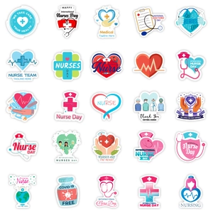 Detailed grid of 25 nurse-themed stickers with stethoscopes and medical icons
