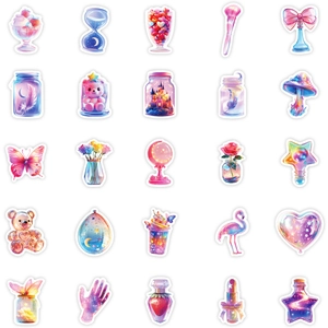 Détail de 25 autocollants holographiques avec bouteilles et motifs de rêve féeriques