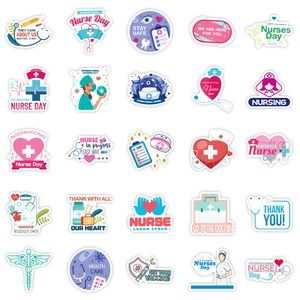 Detail of 25 medical nursing stickers showing stethoscopes hearts and nurse characters