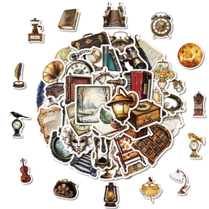 50 stuks vintage Europese stickers met retro klokken en globes voor decoratie