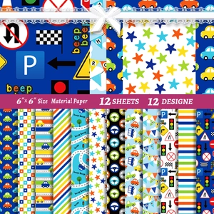 12 fogli di carta per scrapbooking 6x6 pollici con auto e strisce per bambini